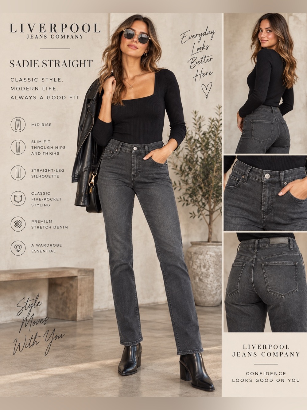 Liverpool Jeans Company Sadie Straight Jeans 4/27 Black Stretch Denim